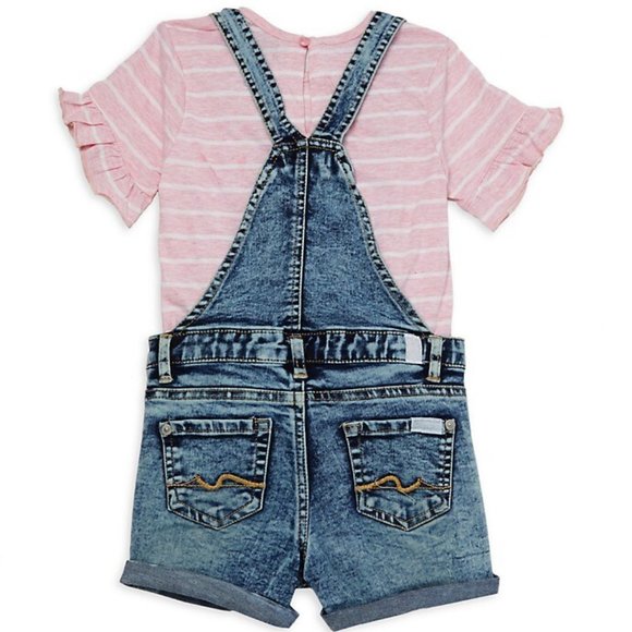 Little Girl's 2-Piece Stripe Top & Denim Shortall - Picture 2 of 3